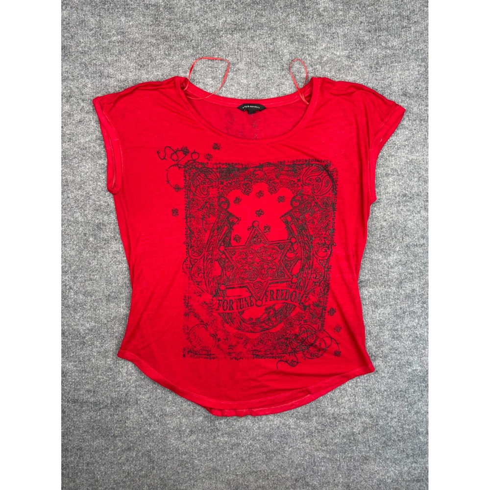Rock & Republic Red Graphic Tee Fortune Freedom‎ Horseshoe Star Women XL